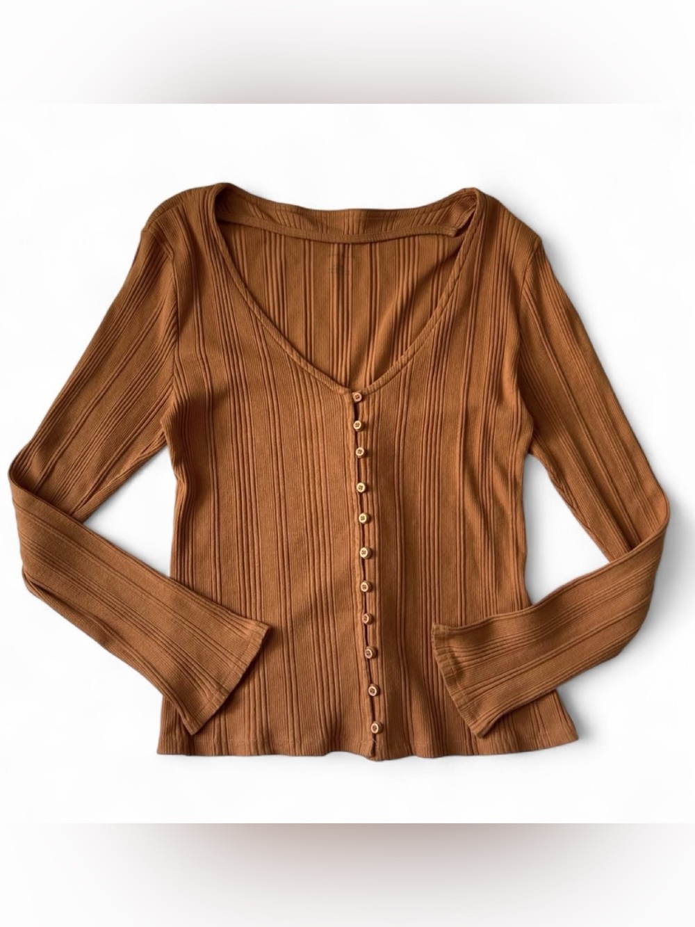 Anthropologie Ribbed Button-Front V-Neck Top - Brown